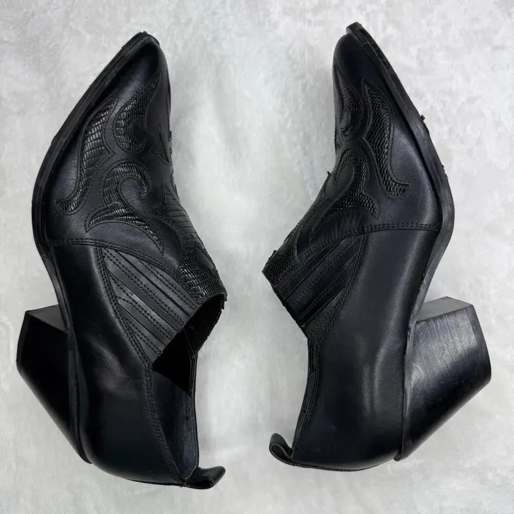 Marc Fisher‎ Leather Heeled Western Booties Black Detailed Pointed Toe  7 EUC